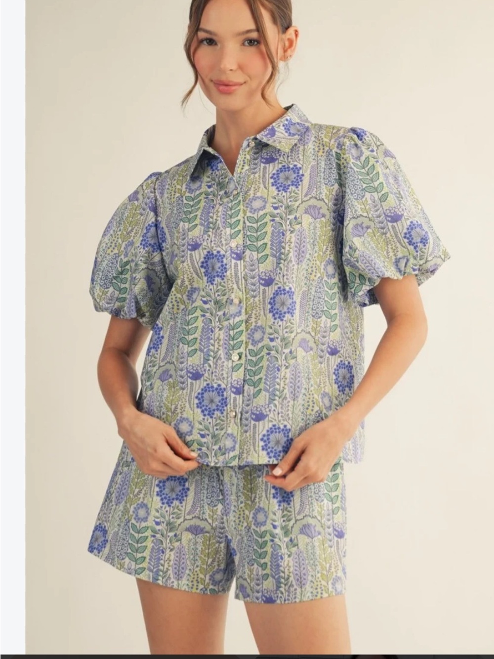 Jodifl Floral Puff-Sleeve Button-Down Top and Shorts in Blue & Green